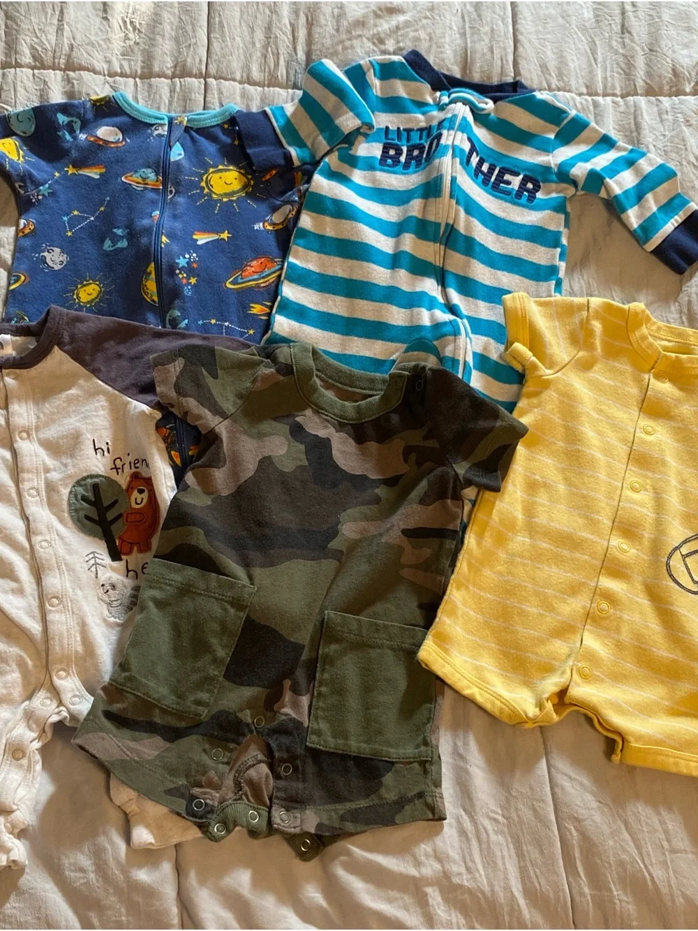 5 piece Assorted Baby Rompers - Camo, Yellow, Striped & Space Prints